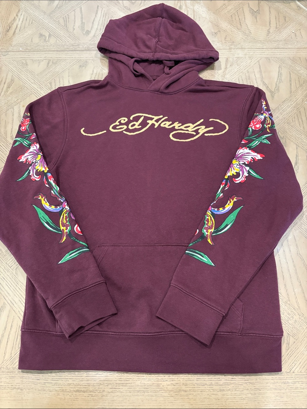 Ed Hardy Burgundy Hoodie with Gold Script and Floral Sleeve Art